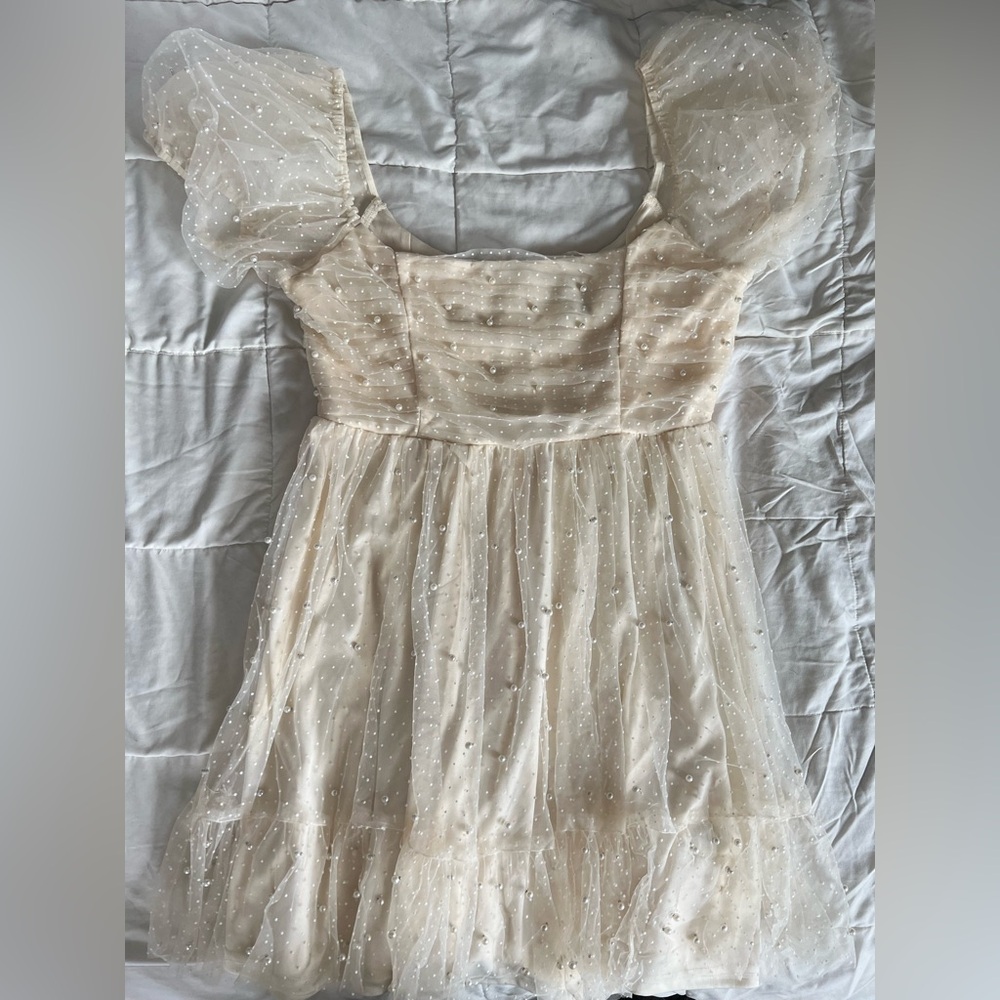Windsor Cream Babydoll Dress with Puff Cap Sleeves